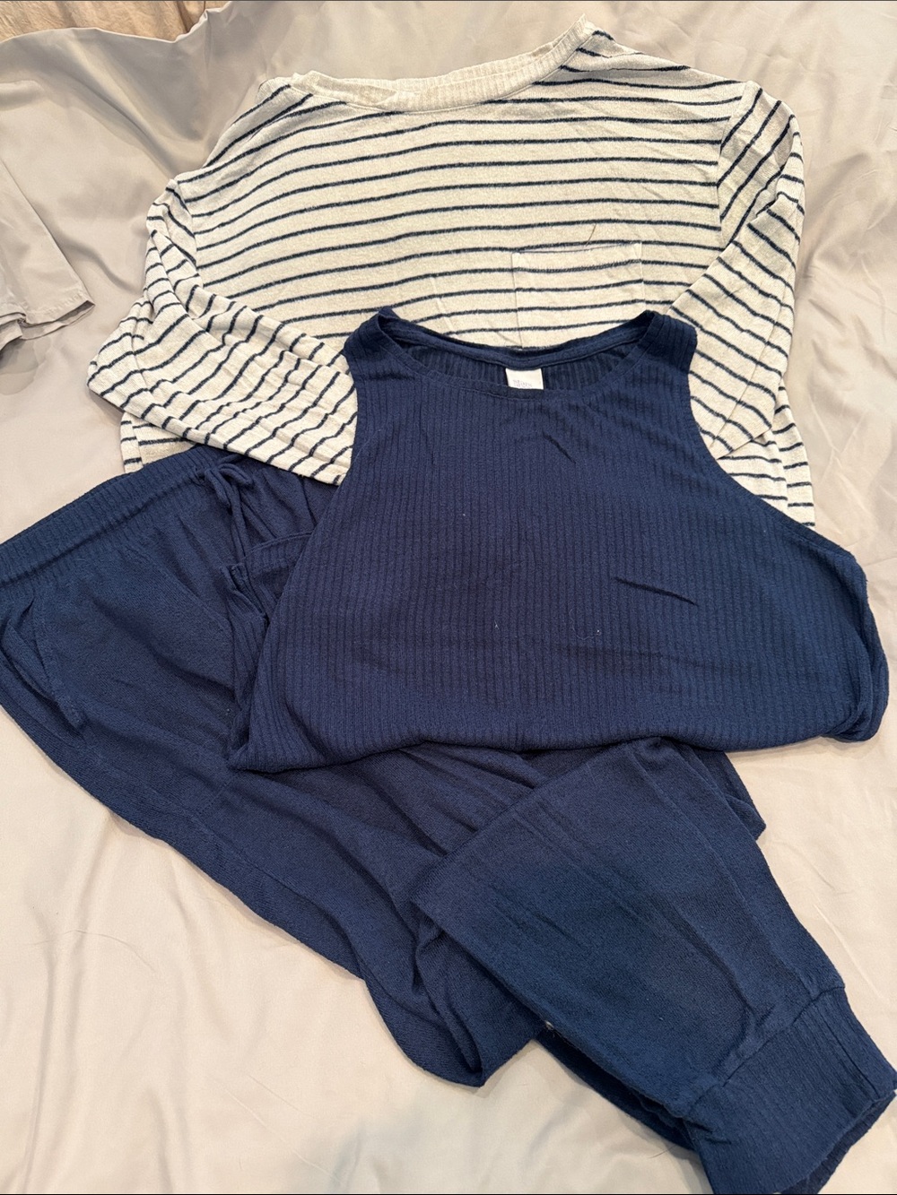 stars above Navy Ribbed Pajama Tank and Striped Long Sleeve Top Set